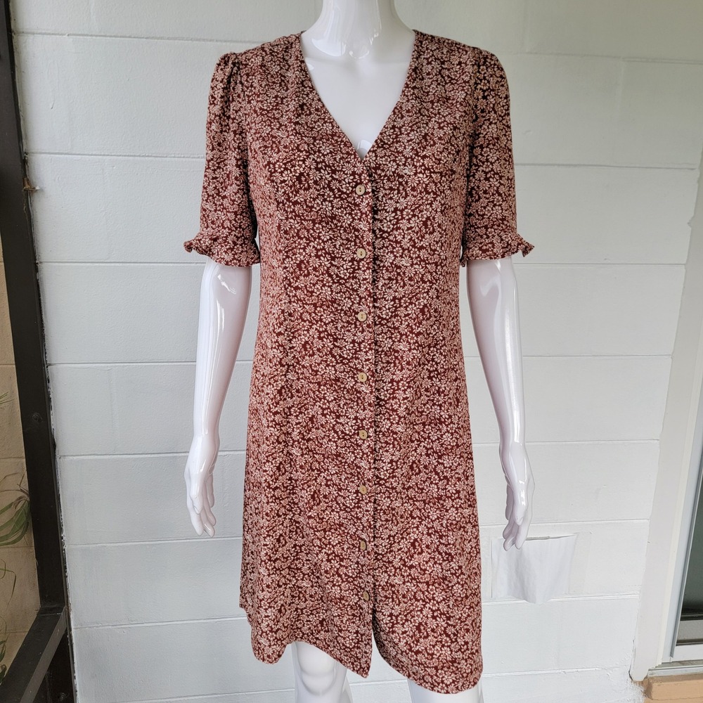 Monteau Button Front Dress Rust Brown Women's L Cottagecore Floral Boho Casual